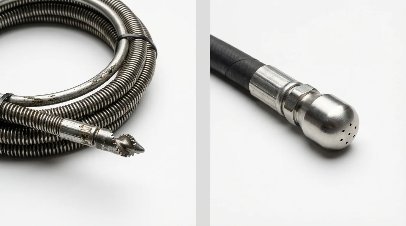Drain snake cable and hydro jetting nozzle used for drain cleaning in Manchester, OH