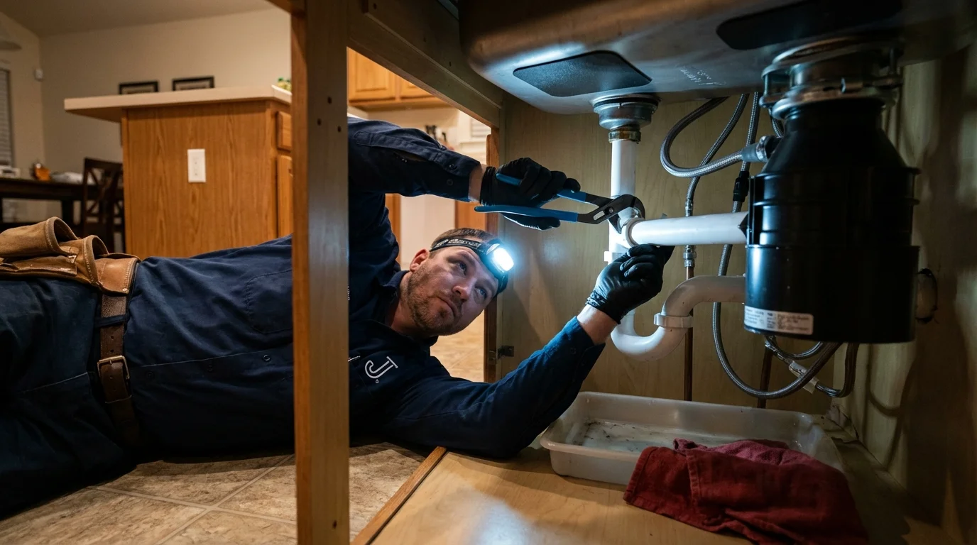 P-trap and supply line connections under a kitchen sink showing a common leak point in Manchester, OH
